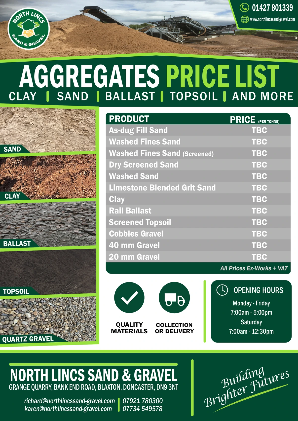 North Lincs Sand and Gravel flyer with aggregate prices, opening hours and contact details. Open the PDF to zoom or print. A text version follows for screen readers.
